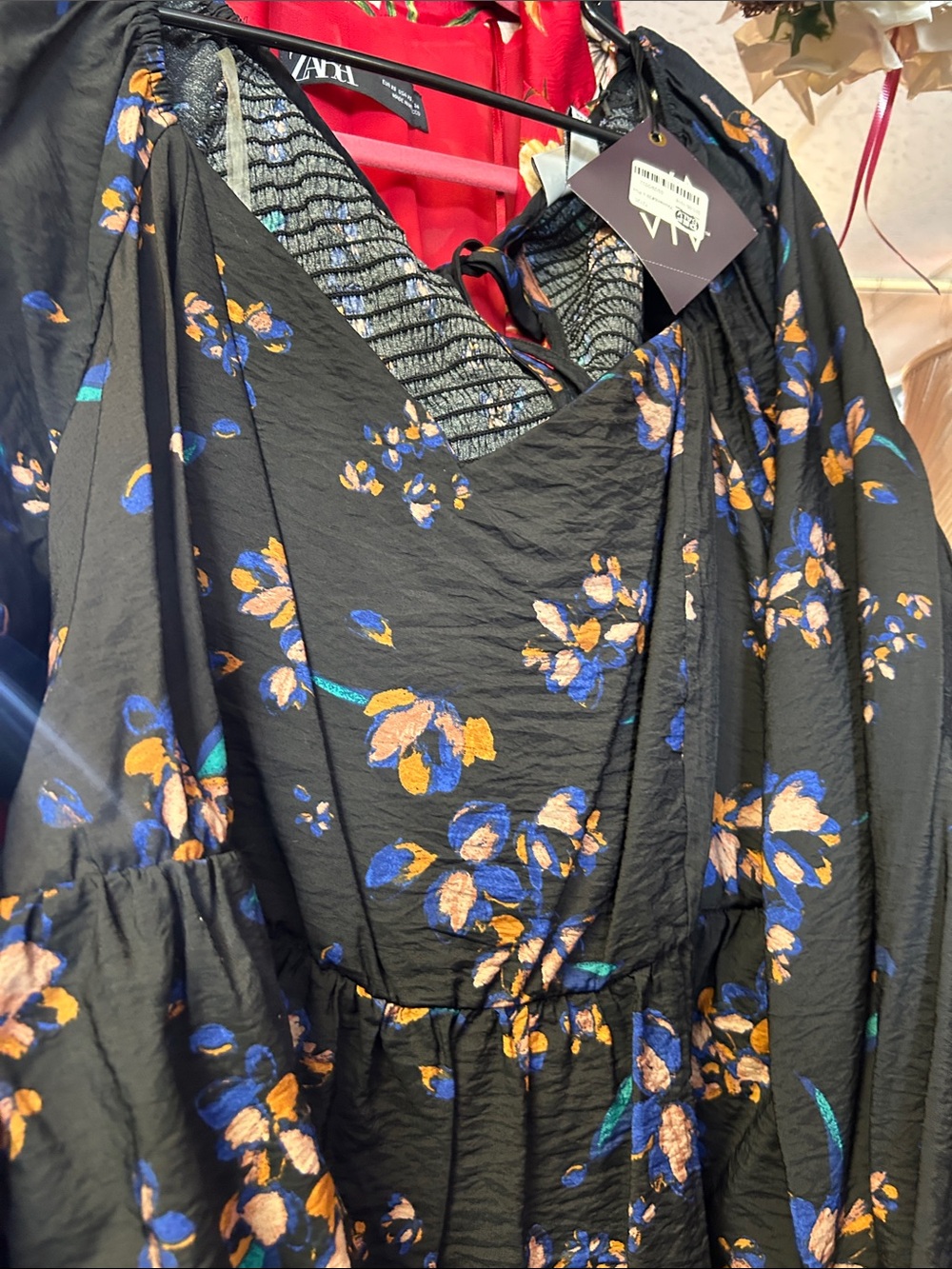Ava & Viv Black Floral V-Neck Blouse with Blue and Gold Blossoms